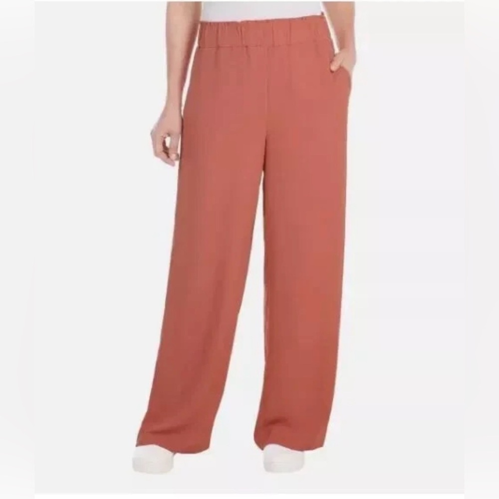 Hilary Radley Women's Wide Leg Crinkle Pants W/ Elastic Waistband Size XL Coral